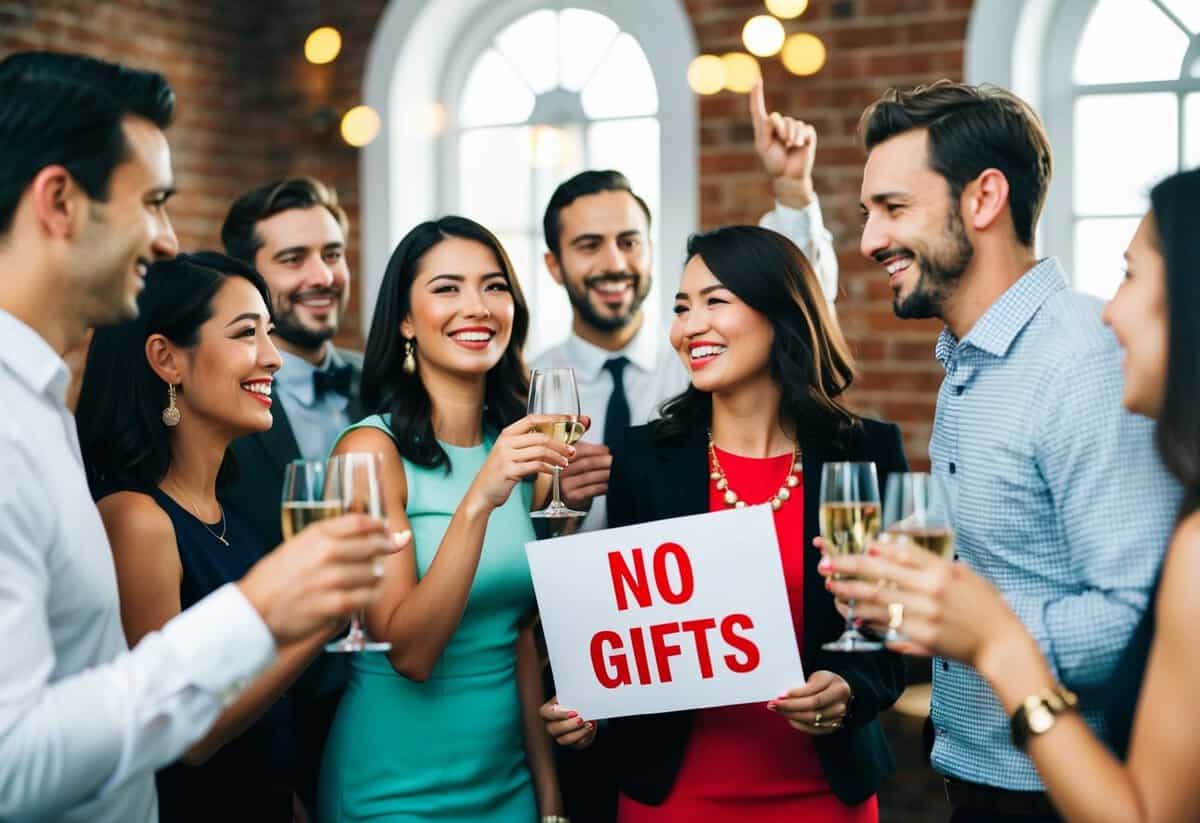 A group of people at a party, smiling and chatting, while a sign with the words "No Gifts" is prominently displayed