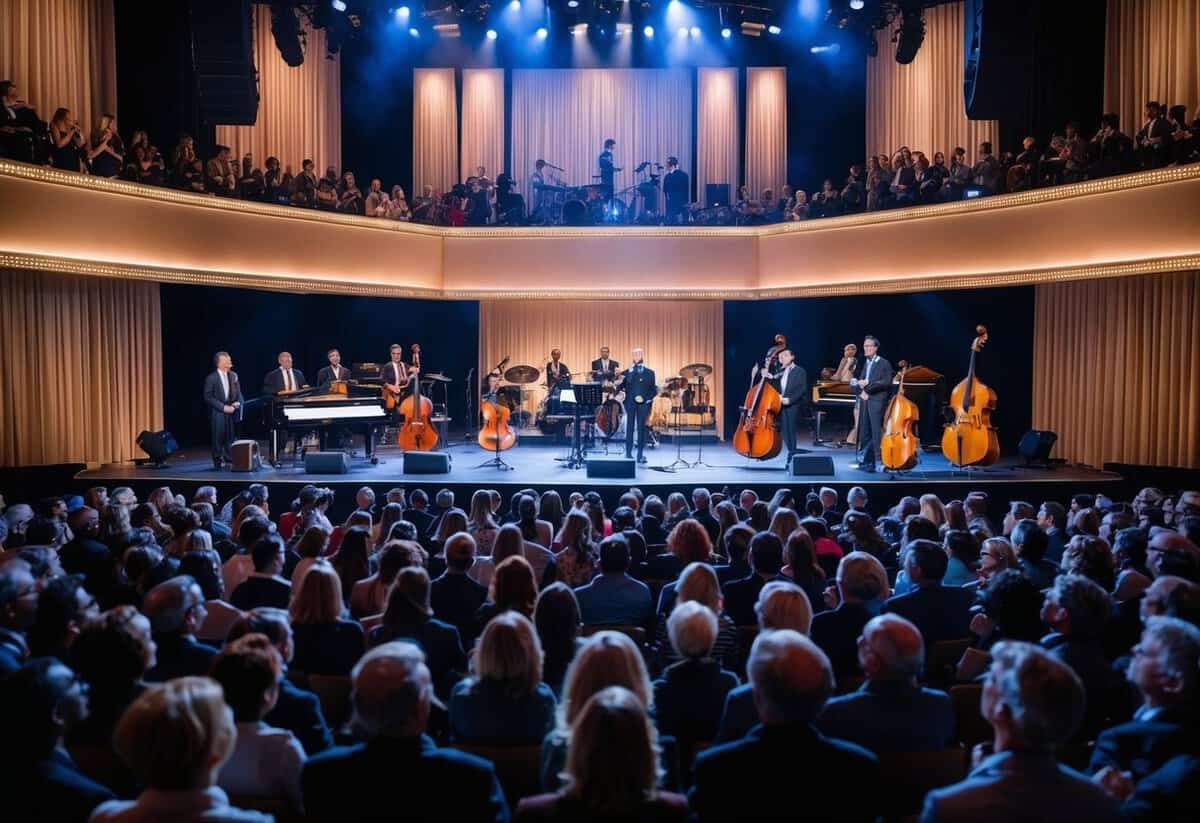 A grand stage with musical instruments from different eras, surrounded by a diverse audience in awe