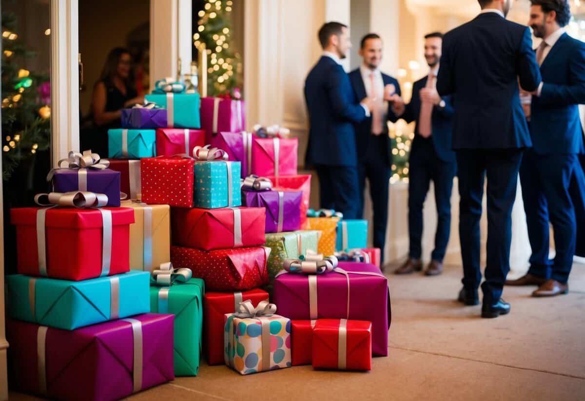 A pile of wrapped gifts sits untouched next to the entrance, while guests mingle and chat with the host at a party