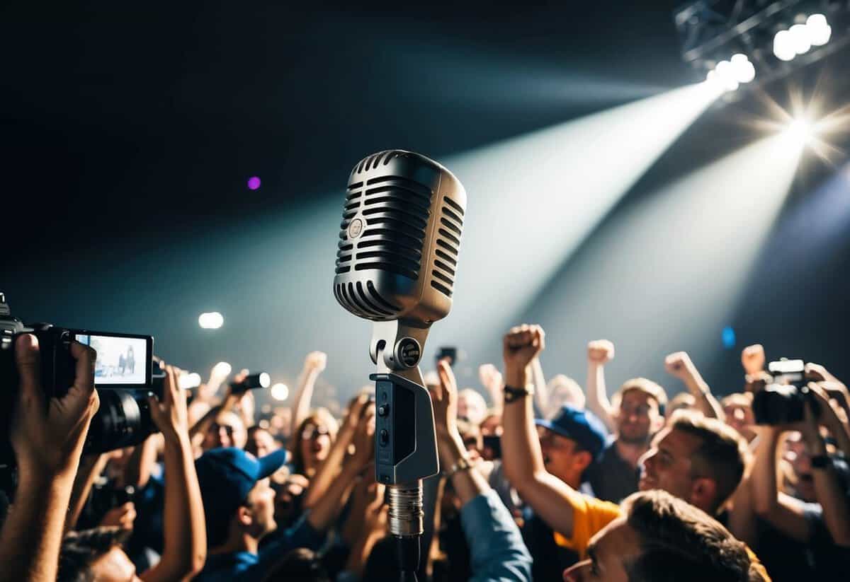 A spotlight shining on a vintage microphone, surrounded by a crowd of cheering fans and flashing cameras