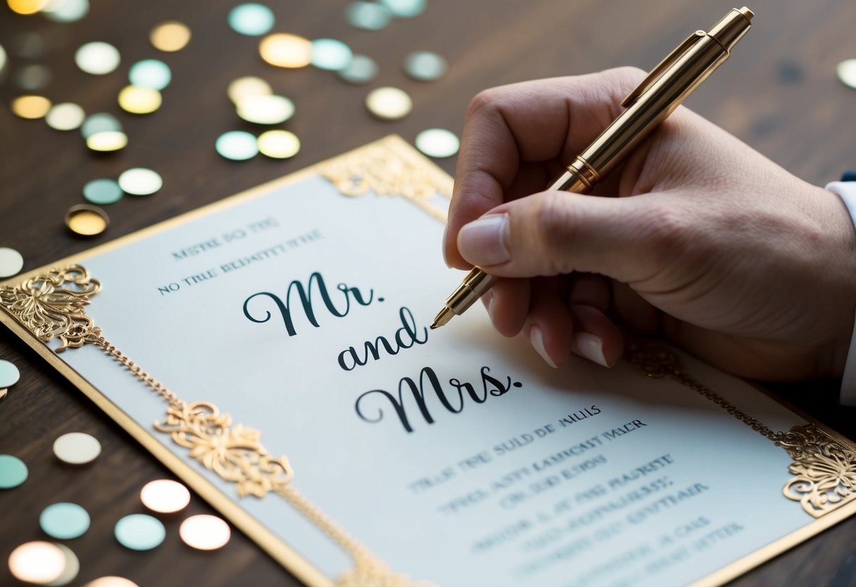 A hand holding a pen, writing "Mr. and Mrs." on an elegant invitation card with decorative details