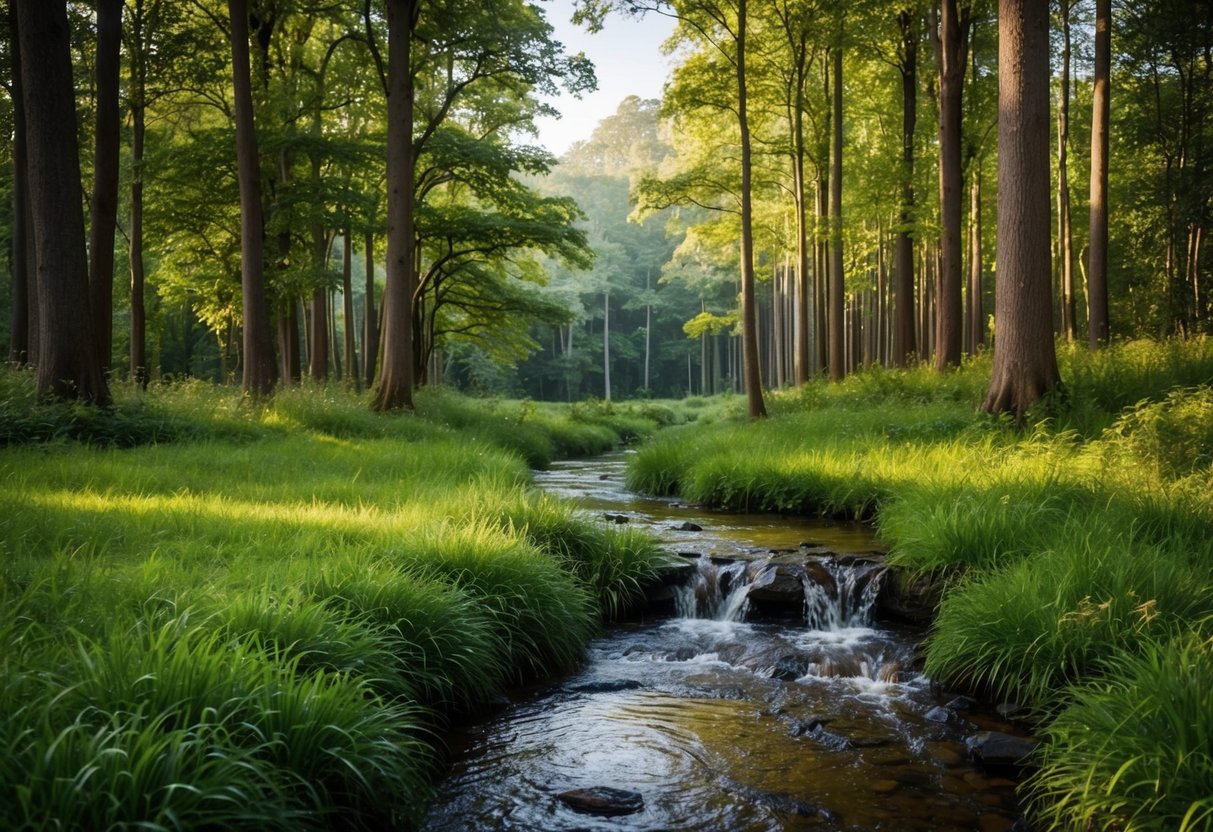 A serene forest glade with a bubbling stream and birdsong
