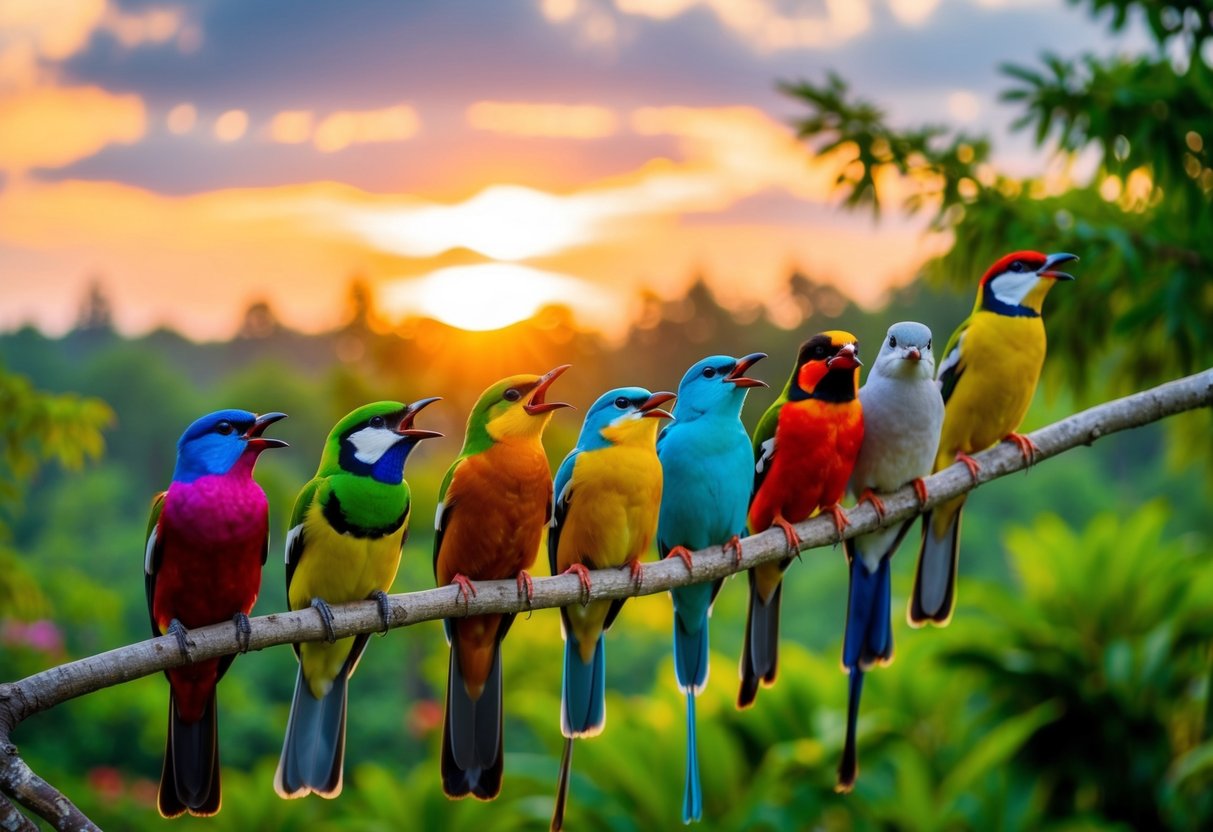 A variety of colorful birds perched on branches, singing in harmony as the sun sets over a lush, vibrant forest
