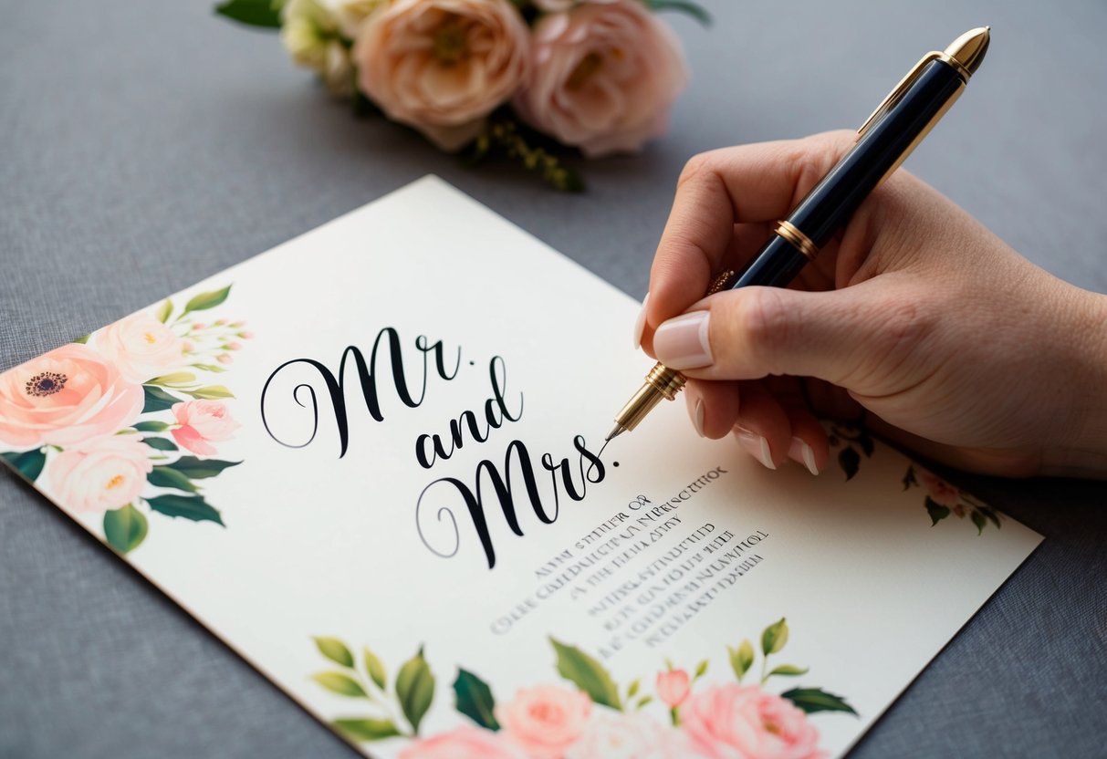 A hand holding a calligraphy pen, writing "Mr. and Mrs." on an elegant invitation card with floral designs
