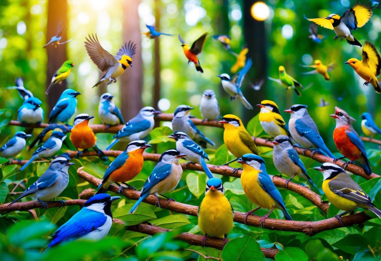 A vibrant forest filled with diverse bird species, each singing their unique and melodious songs, creating a symphony of natural beauty