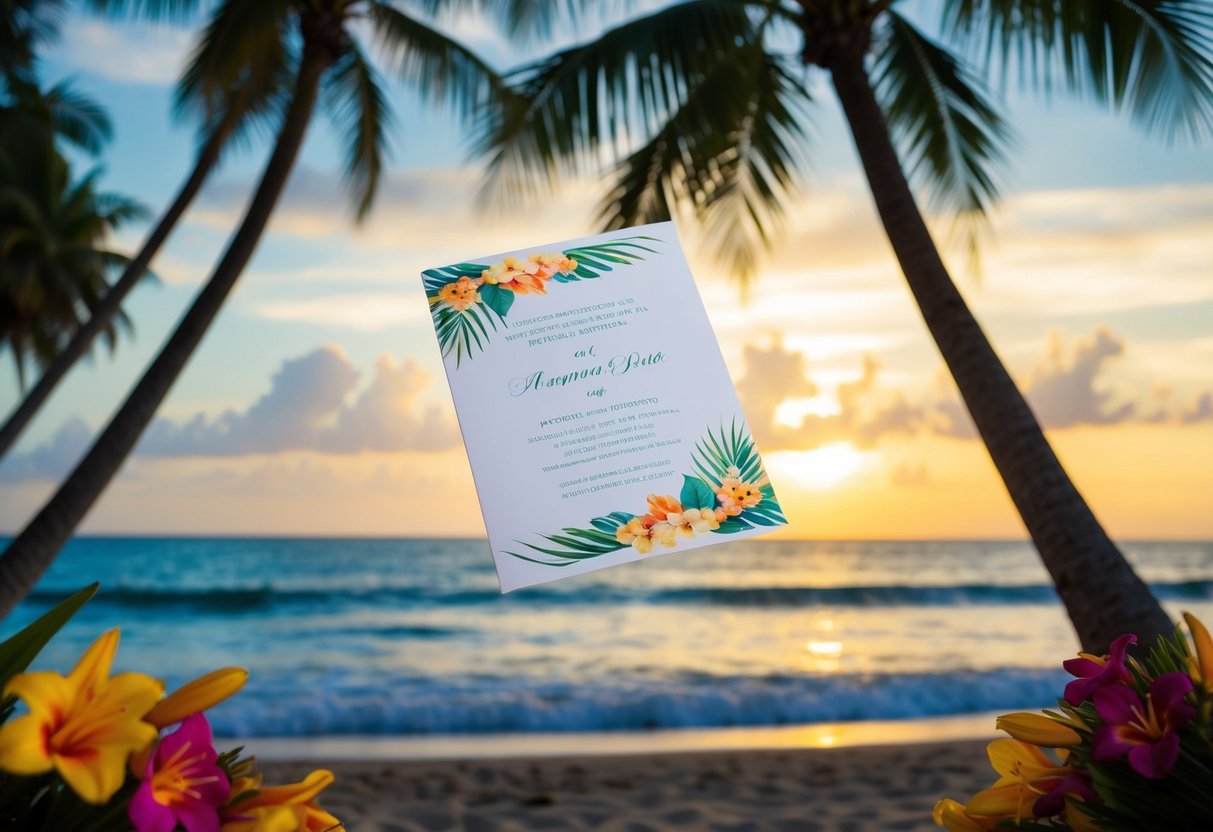 A tropical beach with a sunset backdrop, a wedding invitation floating in the breeze, surrounded by palm trees and colorful flowers