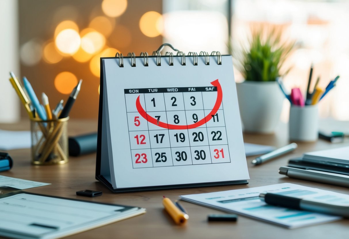 A calendar with a date three months in the past circled in red, surrounded by scattered stationery and design tools