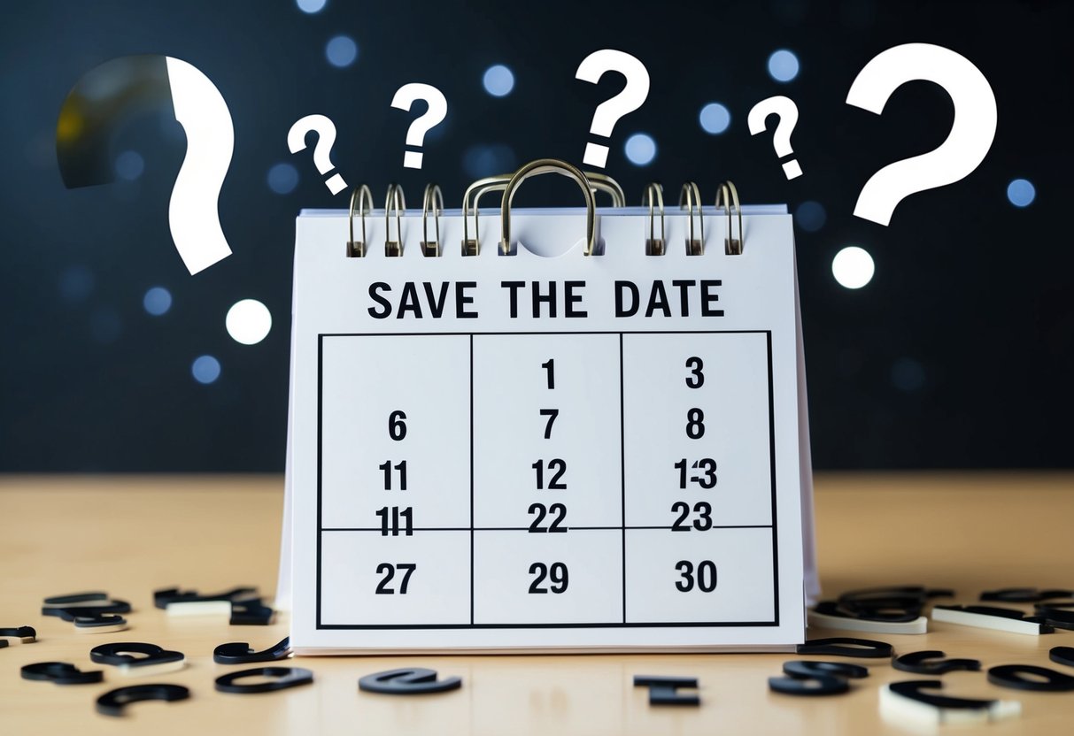 A calendar with a save the date marked three months prior, surrounded by question marks and a concerned expression