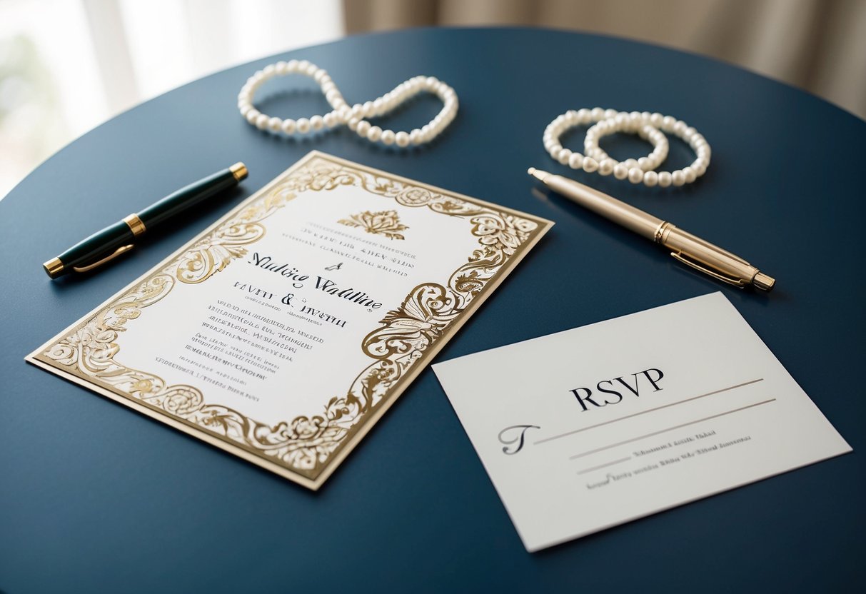 A beautifully decorated wedding invitation lying on a table, with a pen next to it and a blank RSVP card