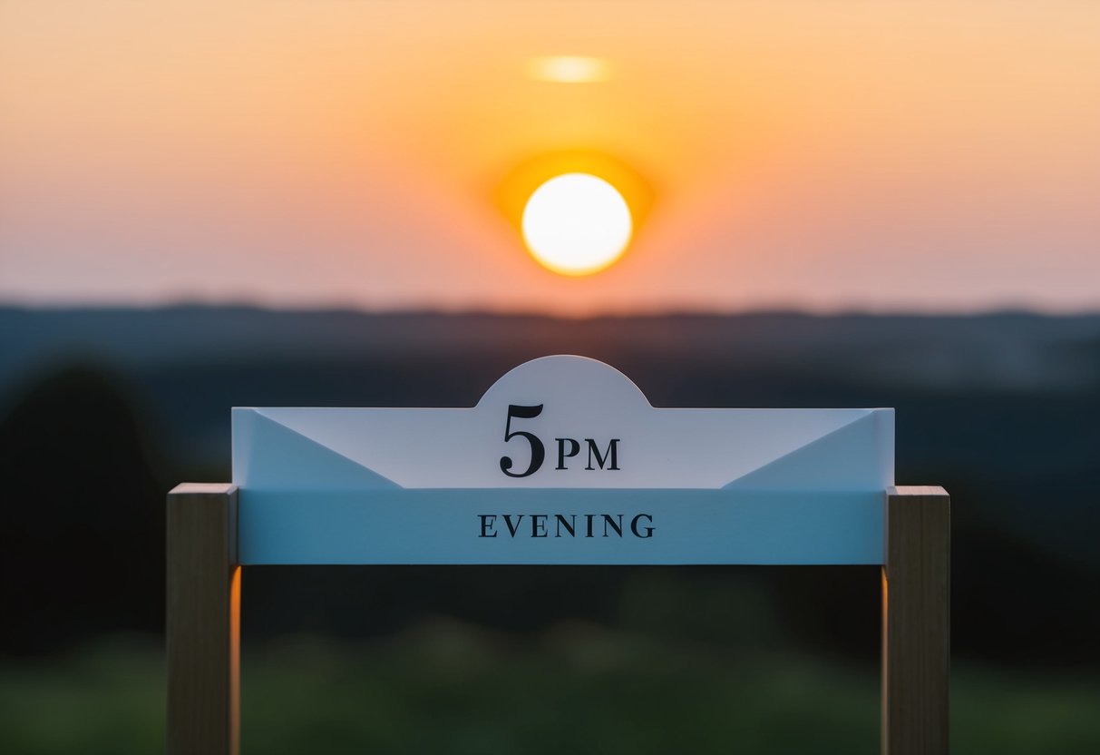 A golden sun setting behind a silhouetted landscape with a soft glow, indicating 5pm as evening for a wedding invitation