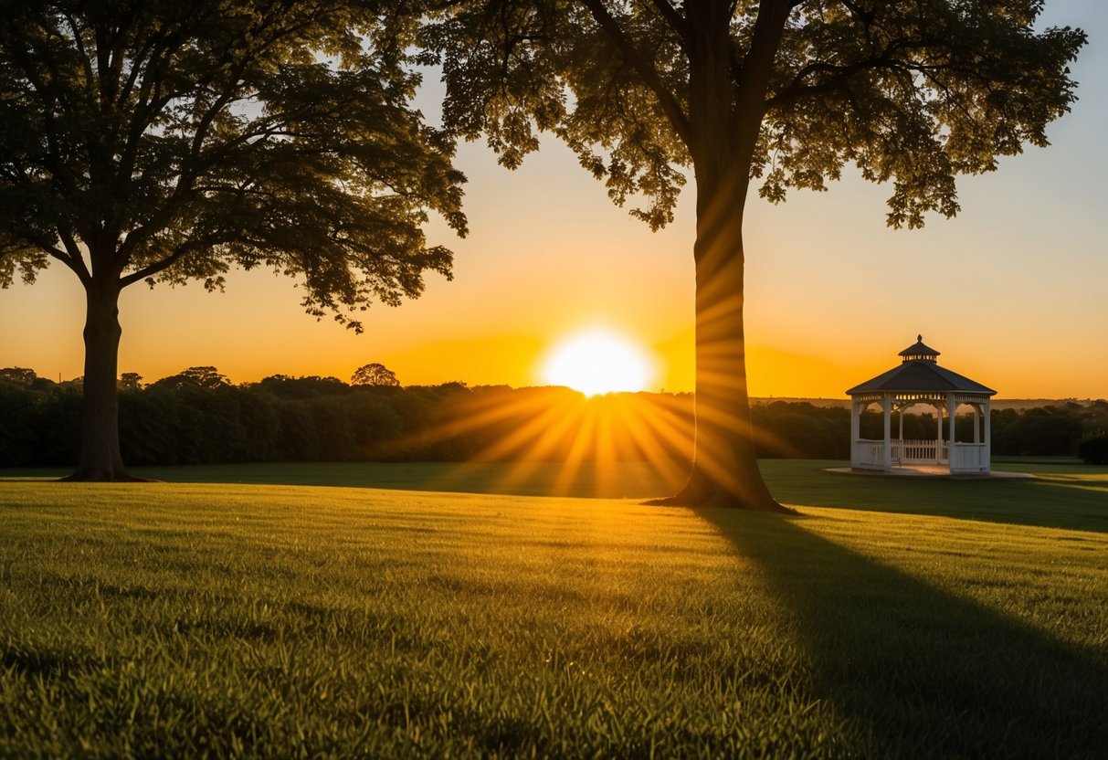 A golden sun setting behind a tree-lined horizon, casting long shadows on a grassy lawn with a gazebo in the distance