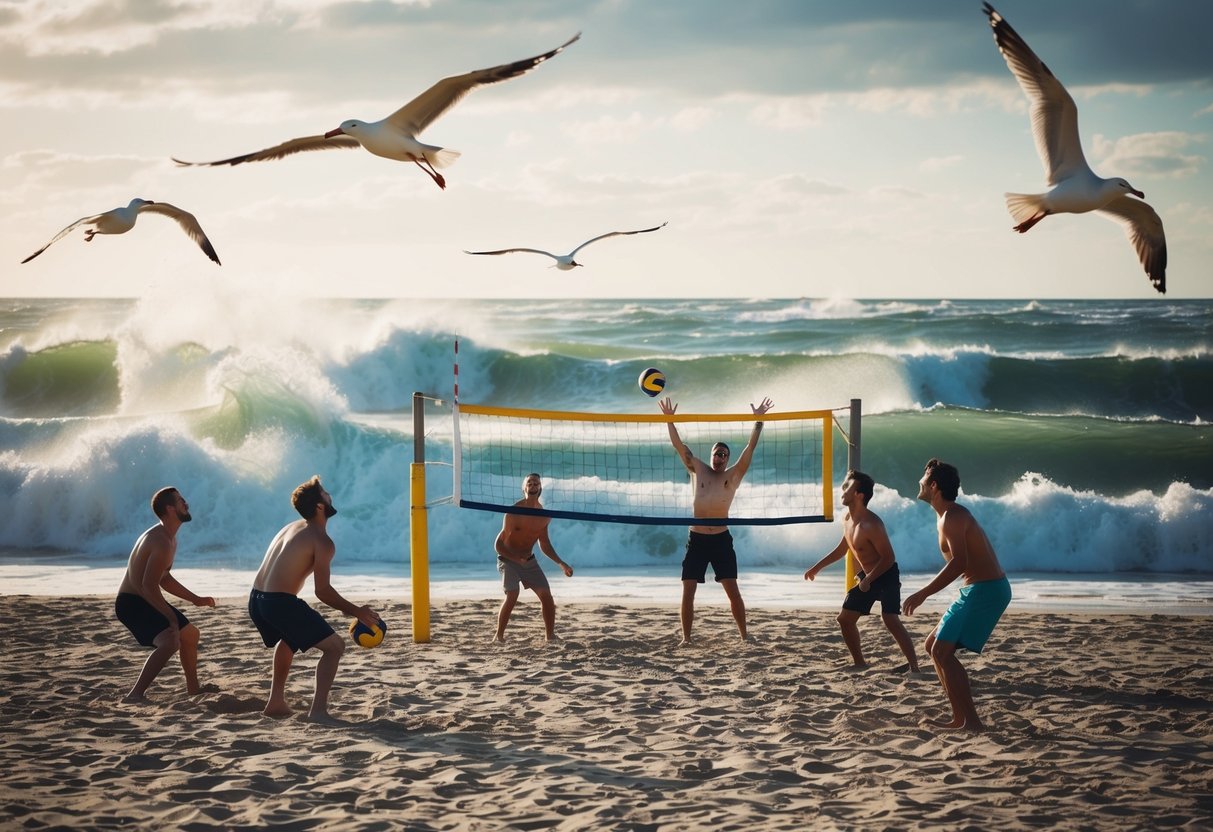 A sunlit beach with crashing waves and seagulls flying overhead. A group of friends laughing and playing volleyball in the sand