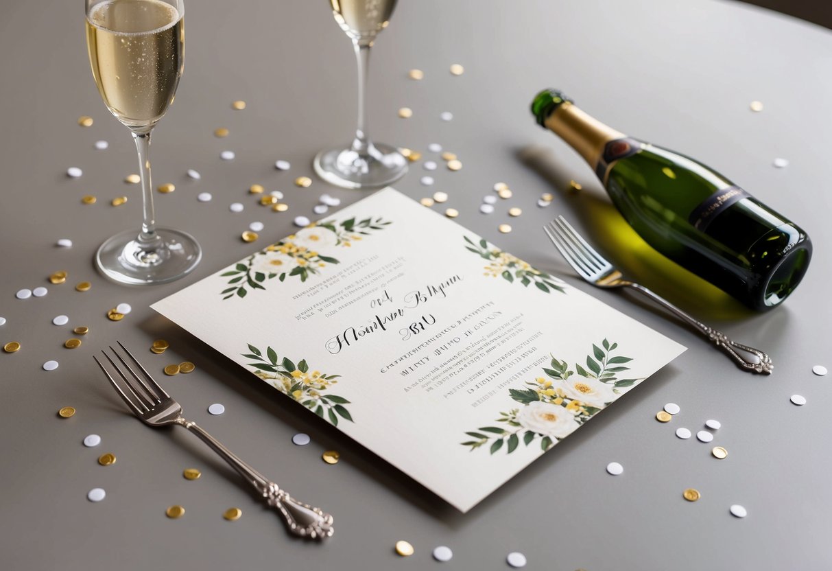 A beautifully decorated wedding invitation lies on a table, surrounded by scattered confetti and a half-empty glass of champagne