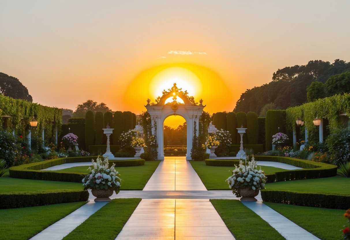 A golden sun setting behind a lush garden with a grand, ornate entrance adorned with flowers and elegant decor