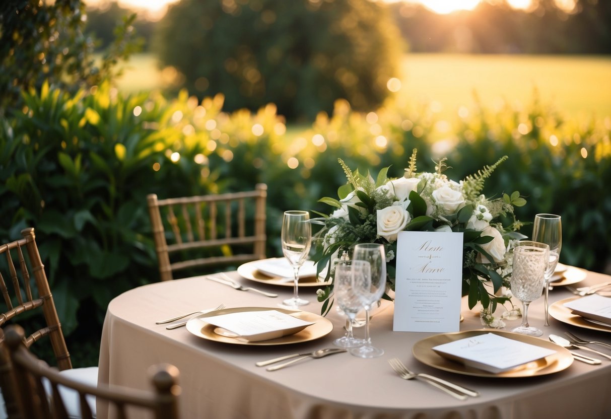 A serene outdoor setting with a warm, golden glow, featuring a table adorned with elegant wedding invitation suites and surrounded by lush greenery