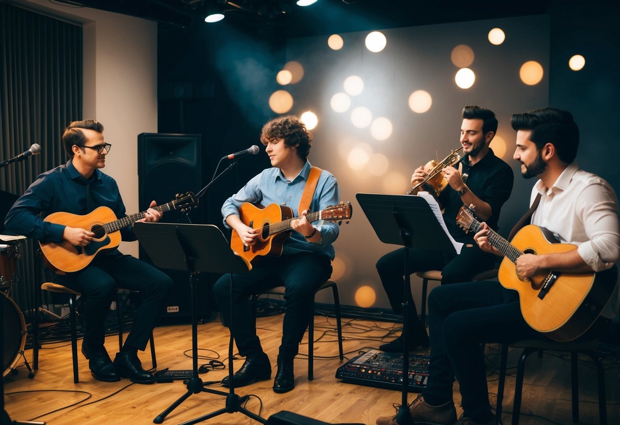 A group of musicians playing instruments in a studio, experimenting with different styles and sounds to create a song reminiscent of "What Makes You Beautiful."