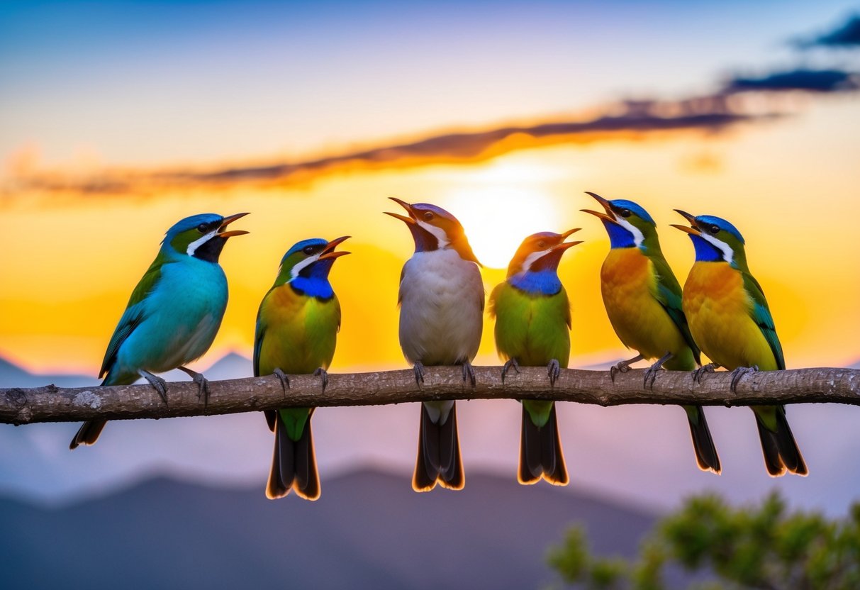 A group of colorful birds perched on branches, singing in harmony as the sun sets behind a mountain range