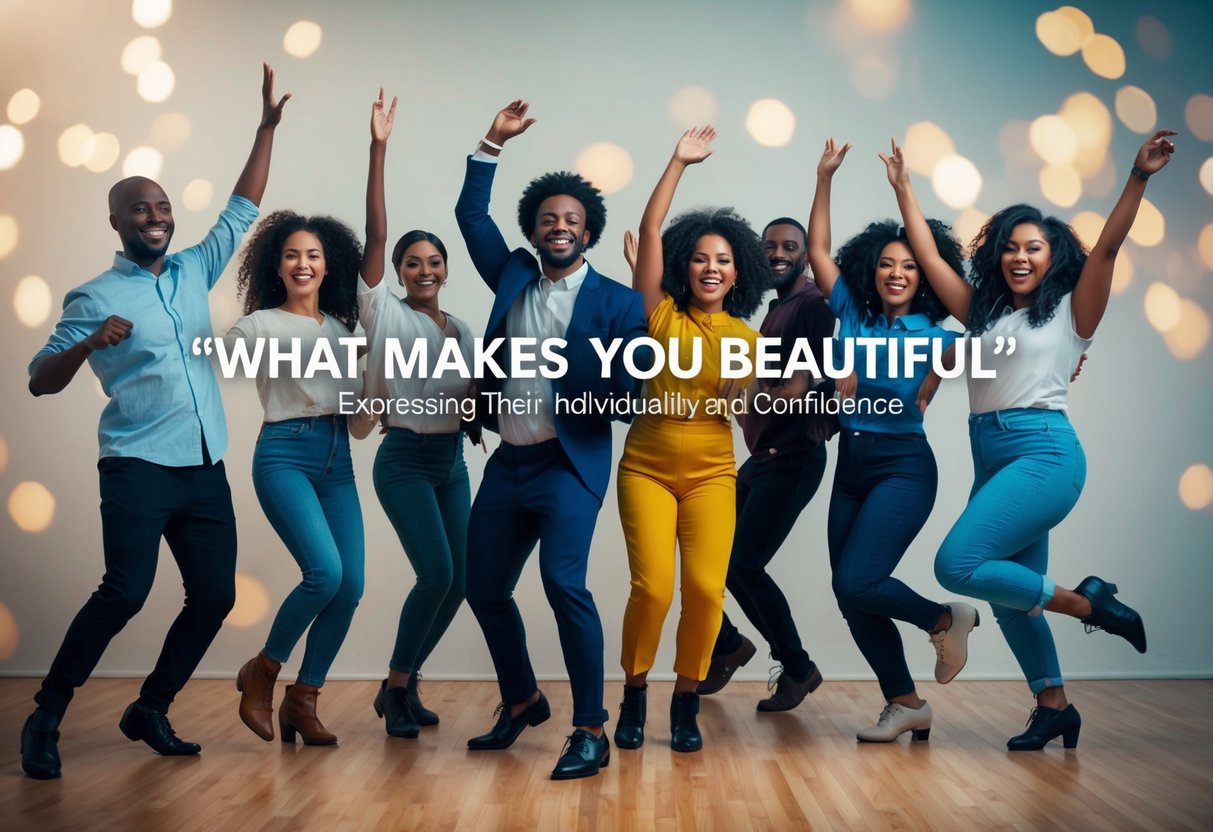 A group of diverse people dancing joyfully to the sound of "What Makes You Beautiful," expressing their individuality and confidence