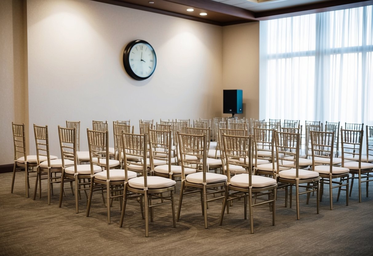 An empty wedding venue with chairs neatly arranged and a clock on the wall showing the time as earlier than the scheduled start