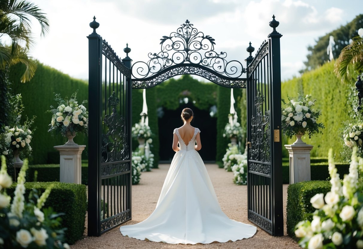 A figure peers through a wrought-iron gate at a grand wedding ceremony, surrounded by lush gardens and ornate decorations
