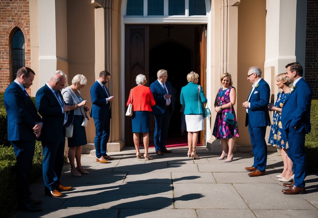 Guests waiting outside a closed church door, some checking their watches, others chatting in small groups. The sun is shining, casting long shadows on the ground