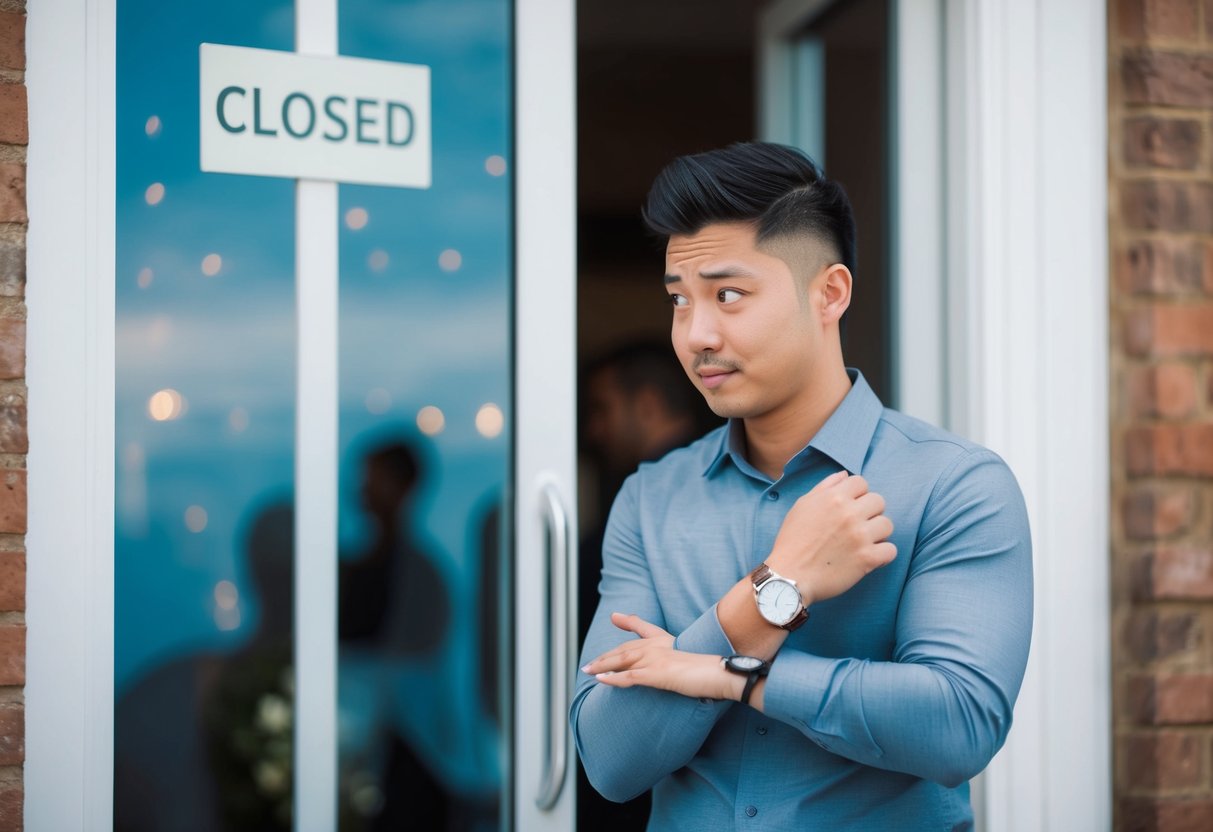 A person waiting outside a closed wedding venue, looking at their watch with a puzzled expression