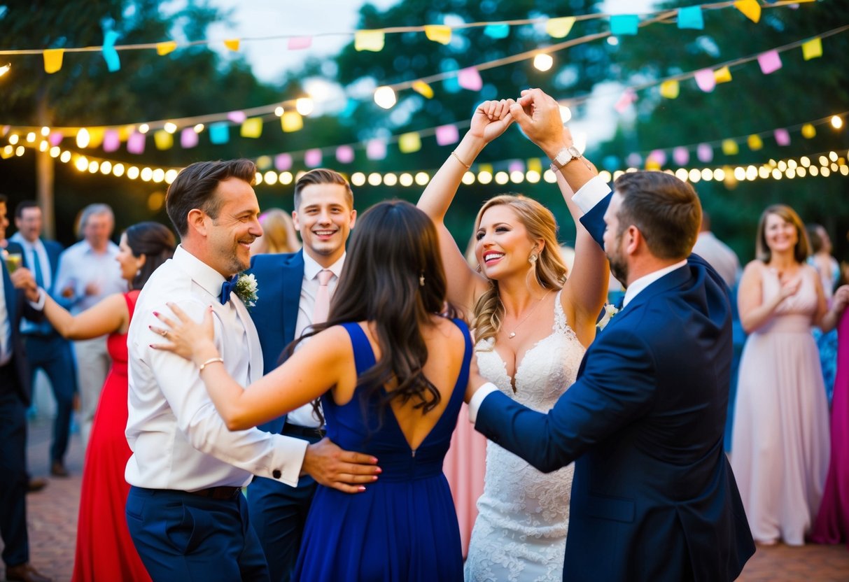 A group of people dancing and celebrating at an outdoor wedding reception, with colorful decorations and music filling the air