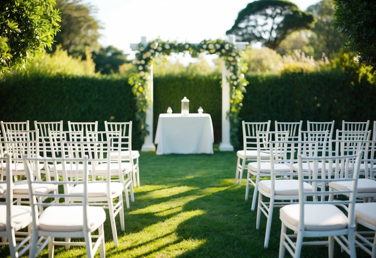 A sunlit garden with empty chairs and a decorated altar, awaiting the arrival of guests for a wedding ceremony