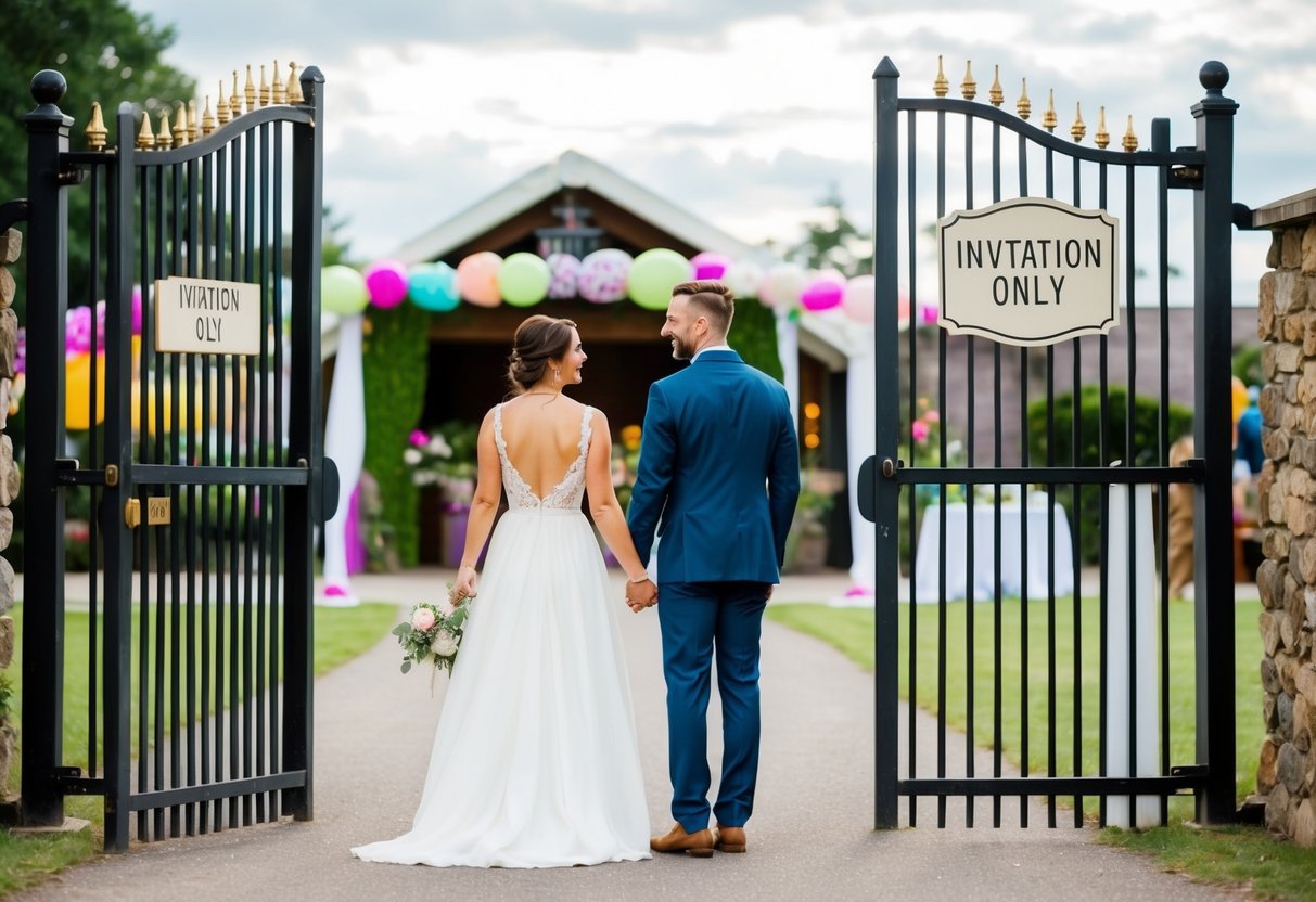 A couple standing outside a closed gate, holding hands and looking at a wedding venue with colorful decorations and a sign that says "Invitation Only."
