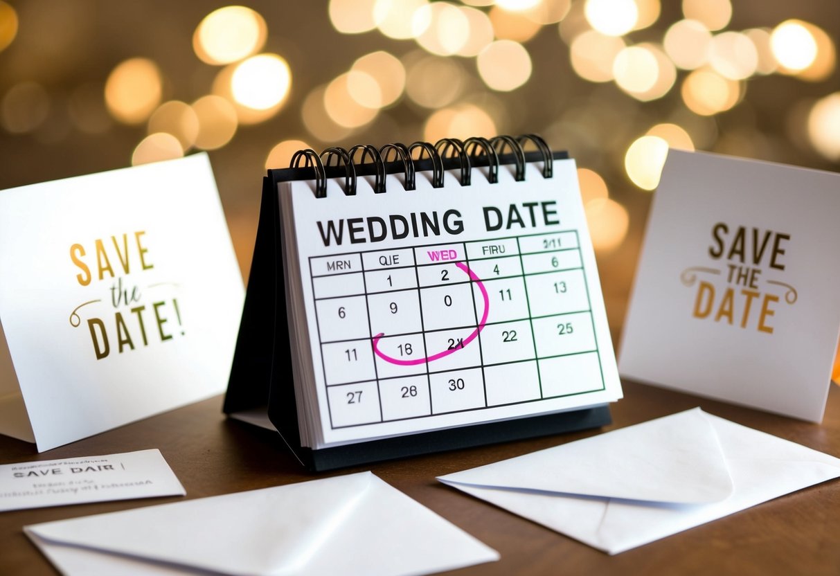 A calendar with a wedding date circled, surrounded by various save the date cards and envelopes