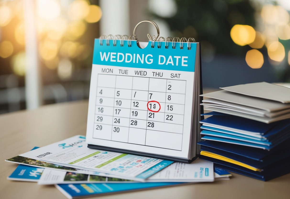 A calendar with a wedding date circled, surrounded by travel brochures and a stack of envelopes