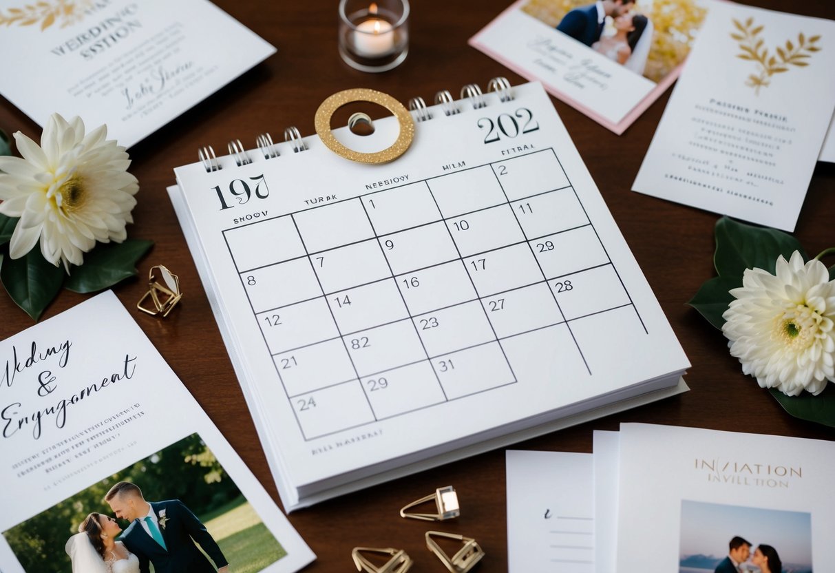 A calendar with the date circled, surrounded by wedding invitation samples and engagement photos