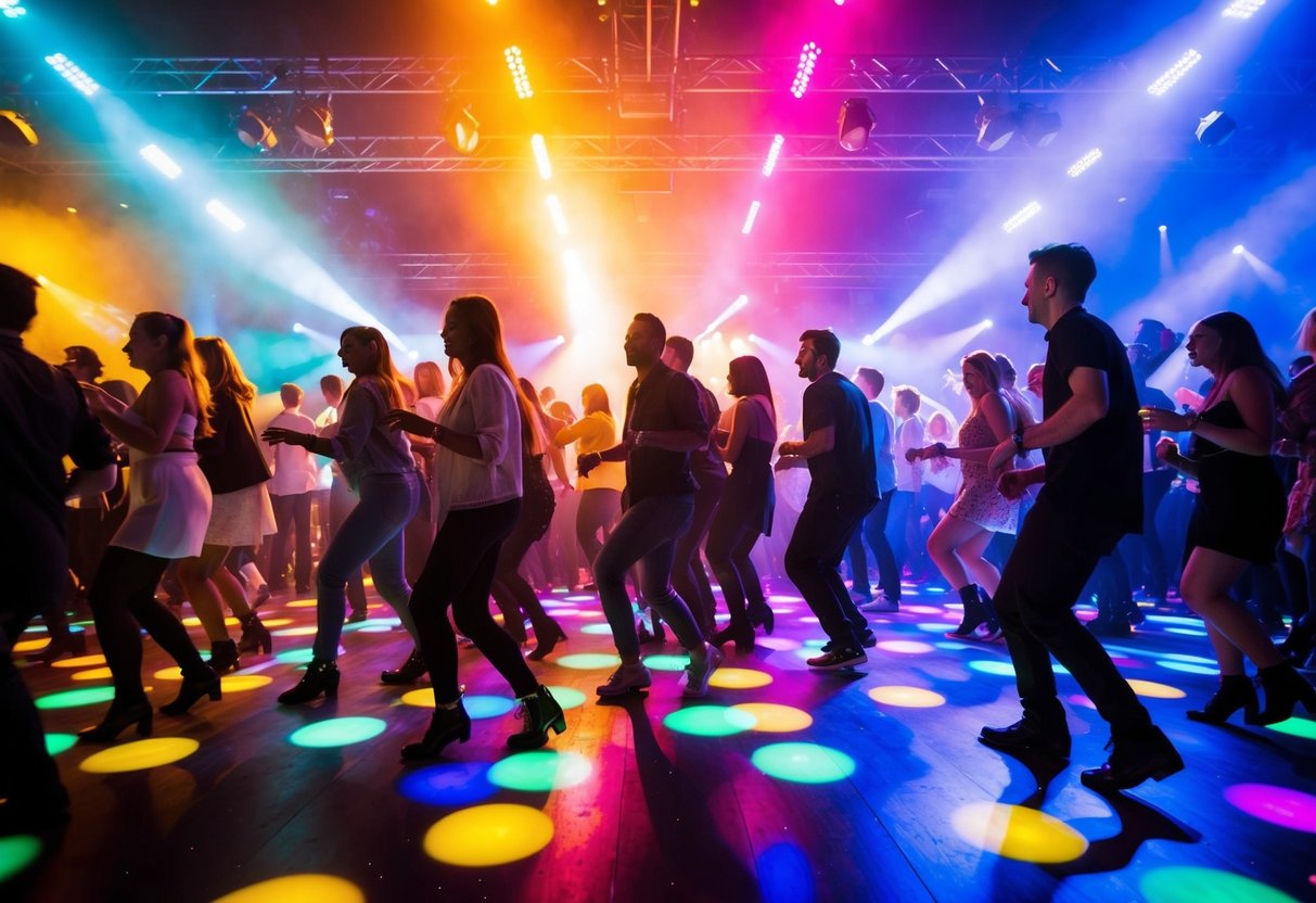 A crowded dance floor pulsing with colorful lights and energetic music. People move to the beat, their bodies swaying and feet tapping in sync