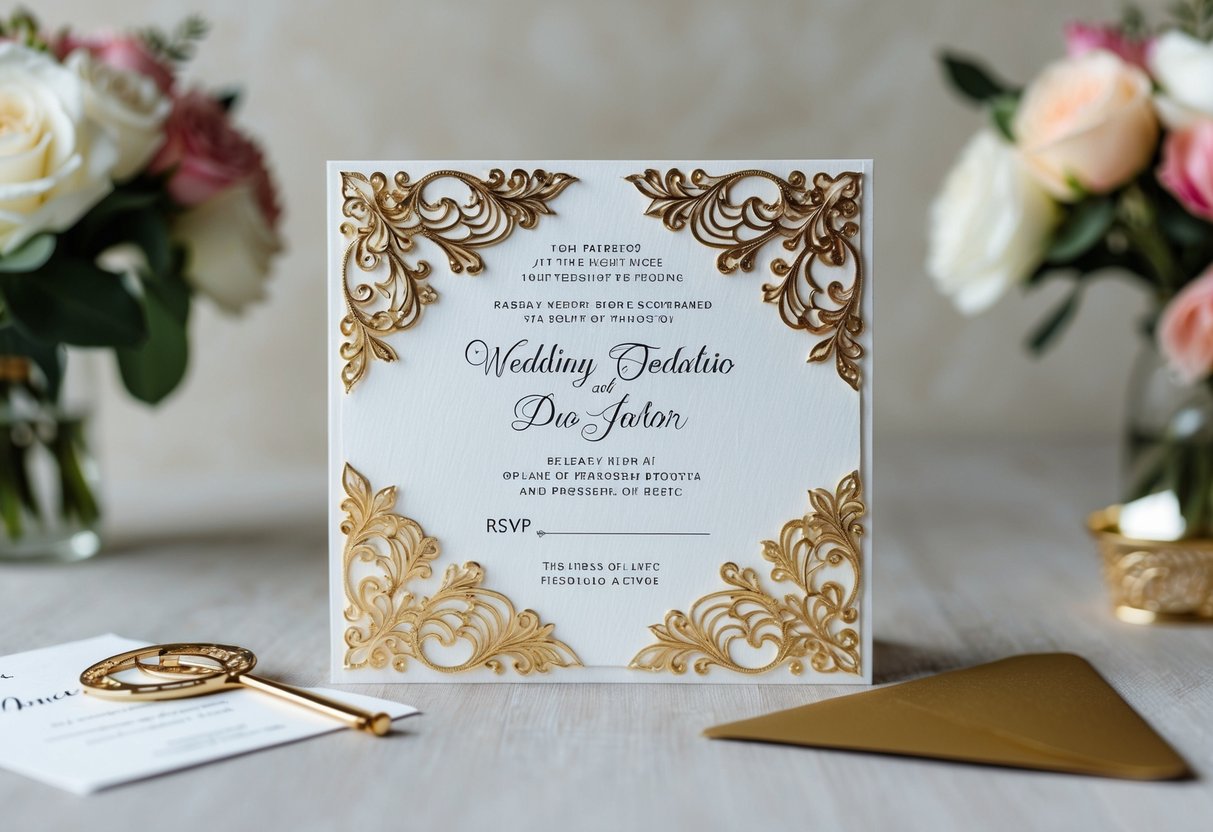 A beautifully decorated wedding invitation with space for RSVP