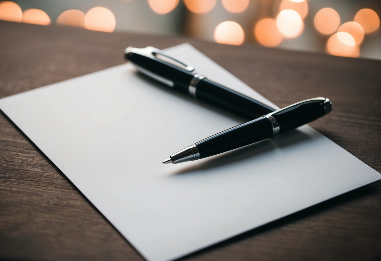 A blank invitation card with a pen resting on top