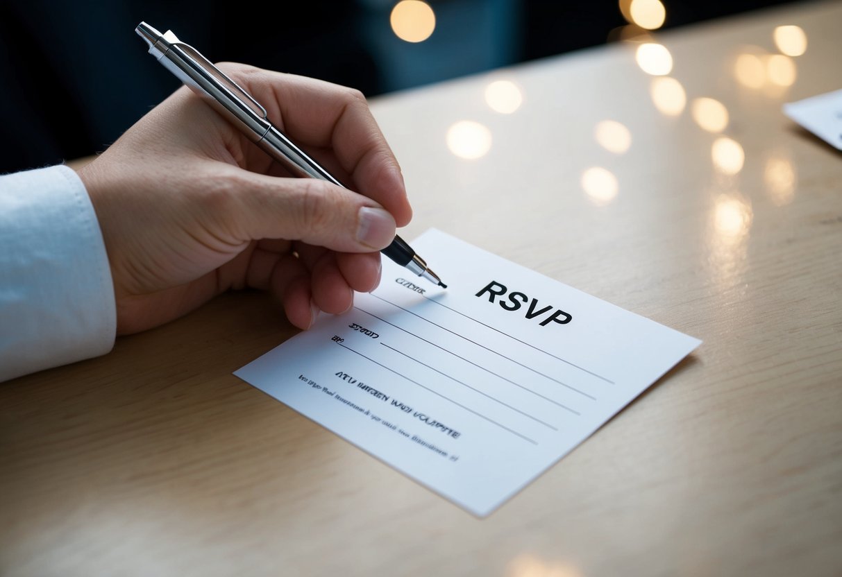 A hand holding a pen, filling out a blank RSVP card
