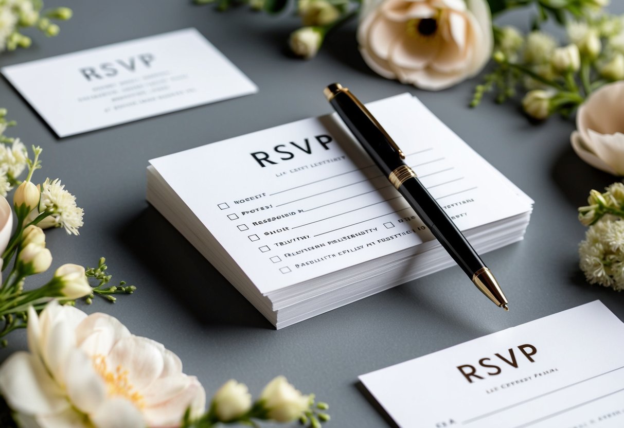 A stack of elegant RSVP cards with various response options and a pen resting on top, surrounded by floral decorations