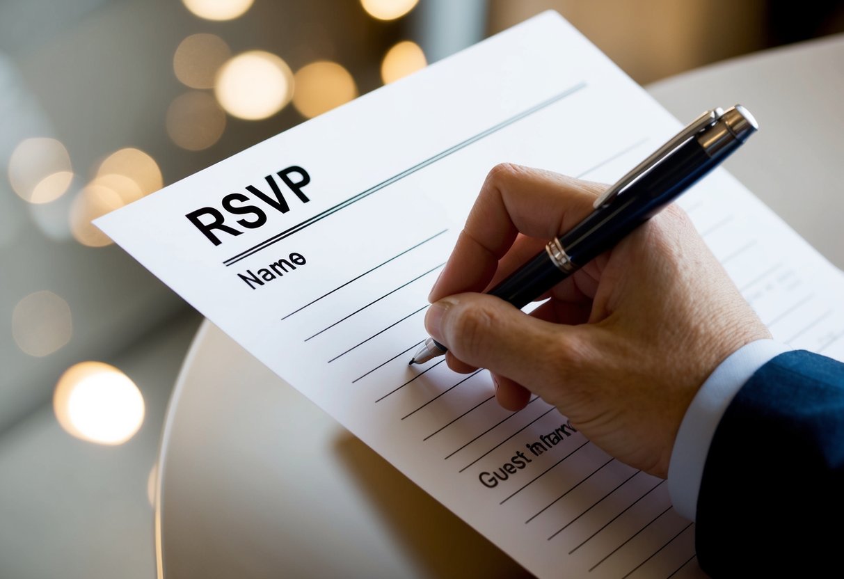 A hand holding a pen, filling out a form with a line for “RSVP Name” and blank spaces for other guest information