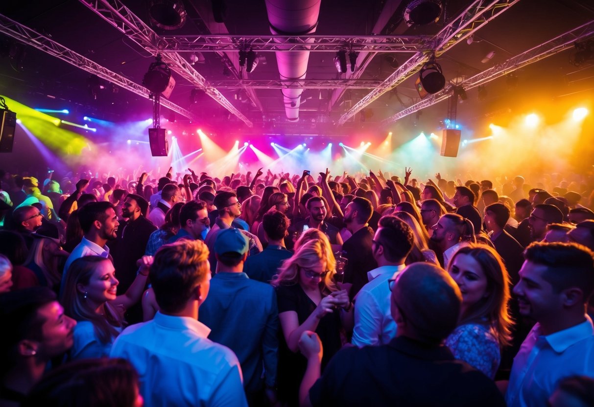 A crowded dance floor pulsing with energy and excitement, as colorful lights flash and music fills the air