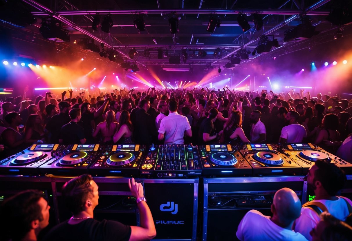 A crowded dance floor pulsing with colorful lights and energetic movement, as the DJ spins a mix of classic and modern dance music