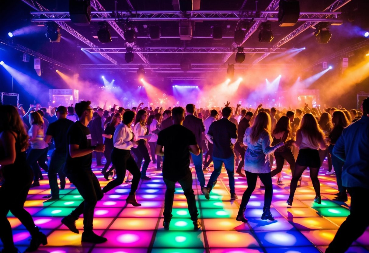 A crowded dance floor pulsing with colorful lights and energetic music. People move in sync to the infectious beat, lost in the euphoria of the best dance song ever