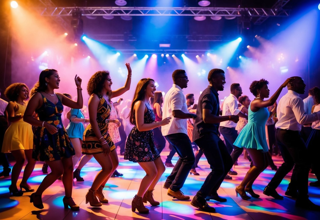 A lively dance floor with people from various cultures moving to the beat of their favorite songs. The music is vibrant and the atmosphere is filled with energy and joy