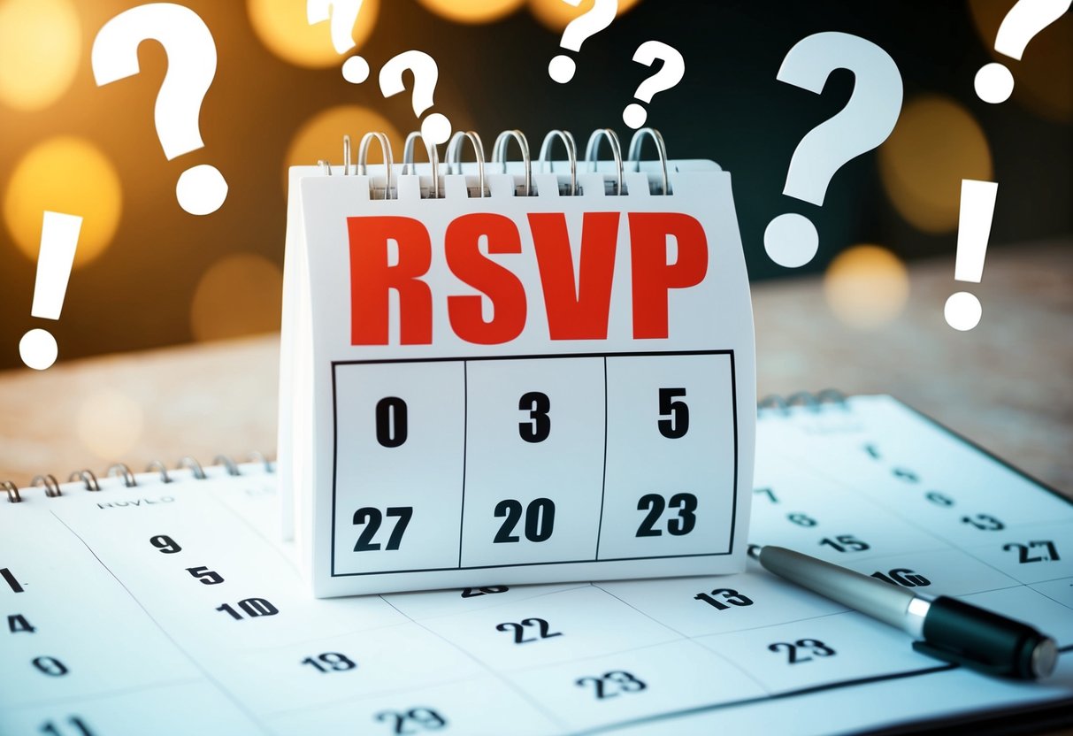 A calendar with the RSVP date highlighted, surrounded by question marks and exclamation points