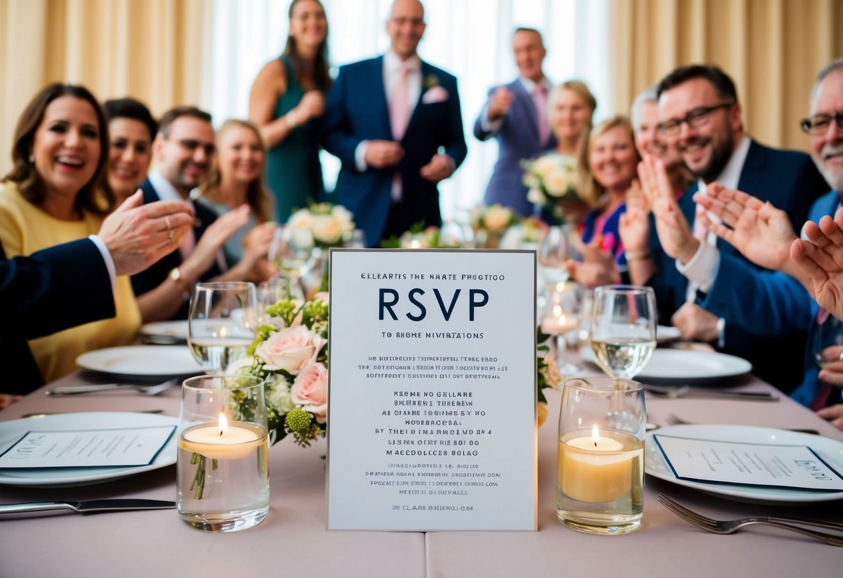 A table with invitations and a clear RSVP deadline, surrounded by happy guests and a visible sense of urgency