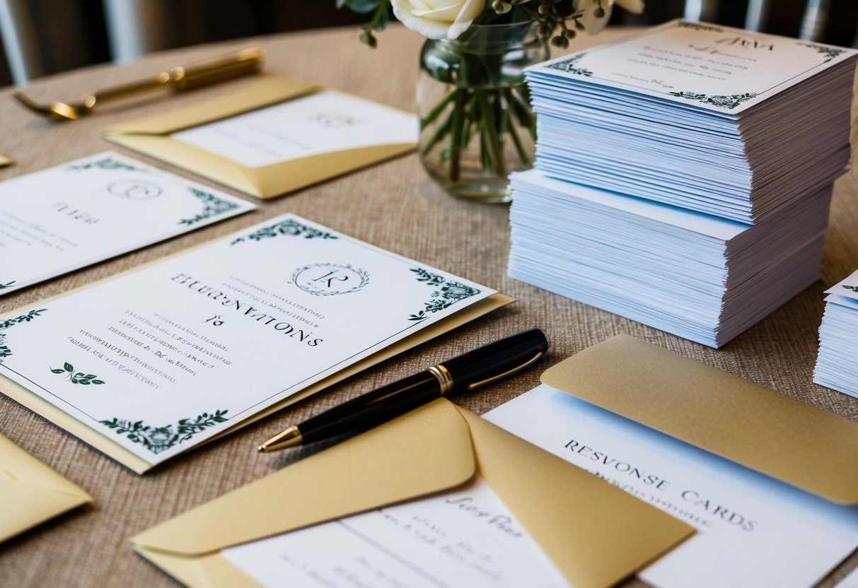 A table with elegant invitations and envelopes, a pen, and a stack of response cards, all arranged neatly