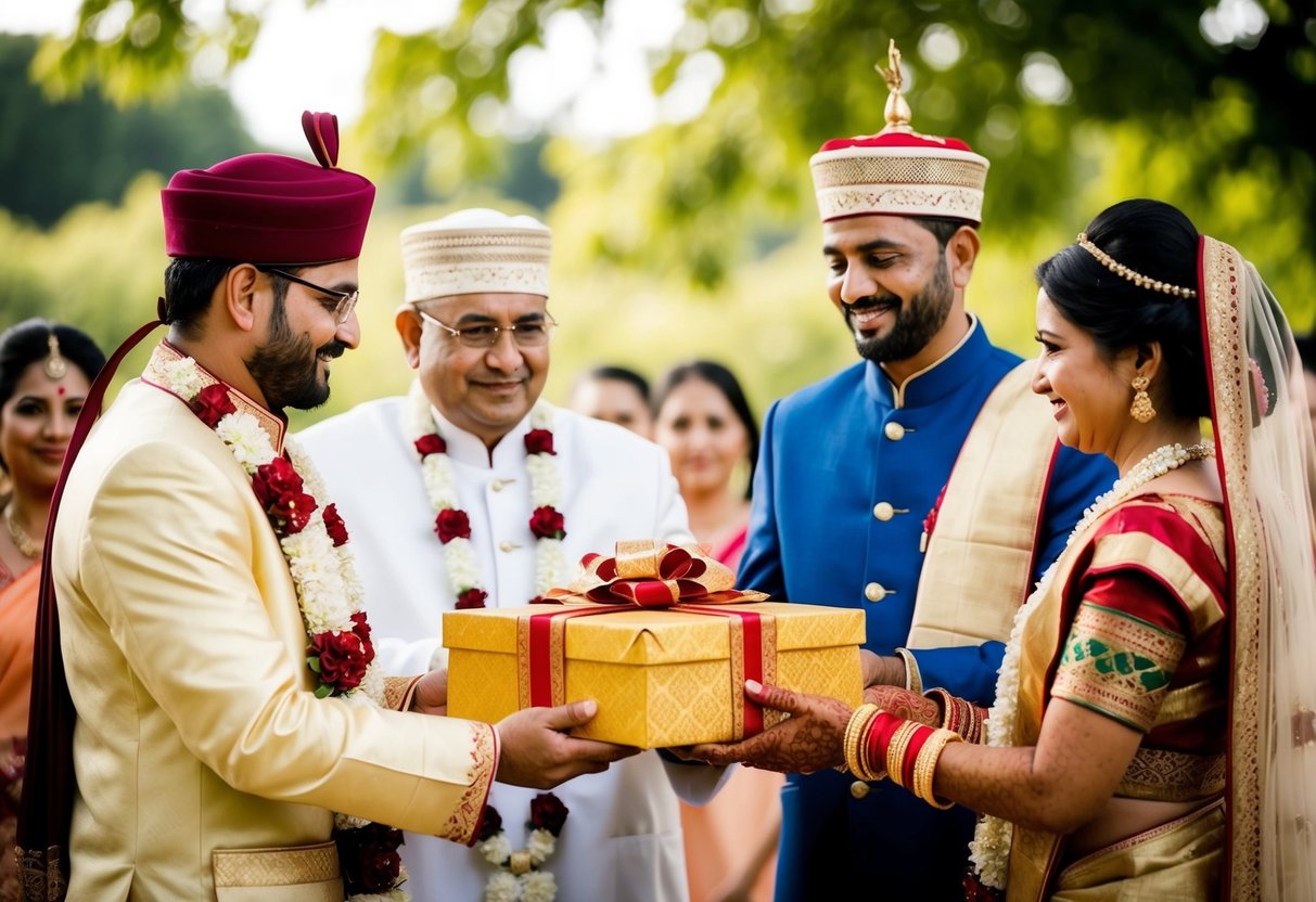 A traditional wedding scene with the groom's family presenting a gift or payment to the bride's family
