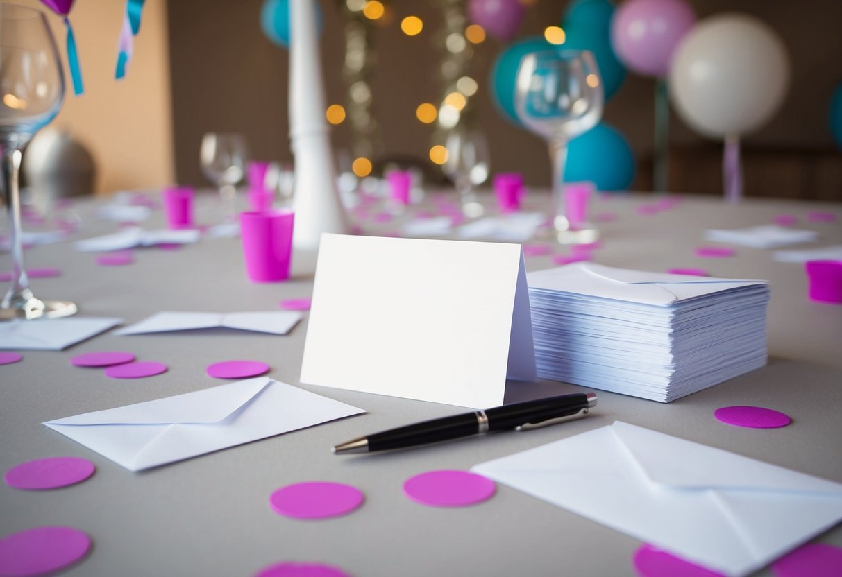 A table with blank RSVP cards, a stack of envelopes, and a pen, surrounded by scattered party decorations