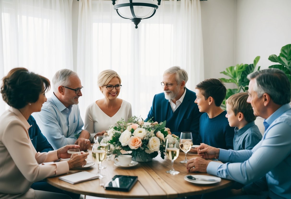 A family gathering around a table, discussing wedding plans and financial contributions