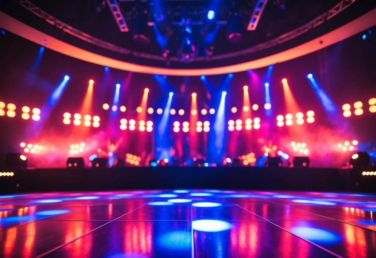 A vibrant dance floor surrounded by pulsing lights and music