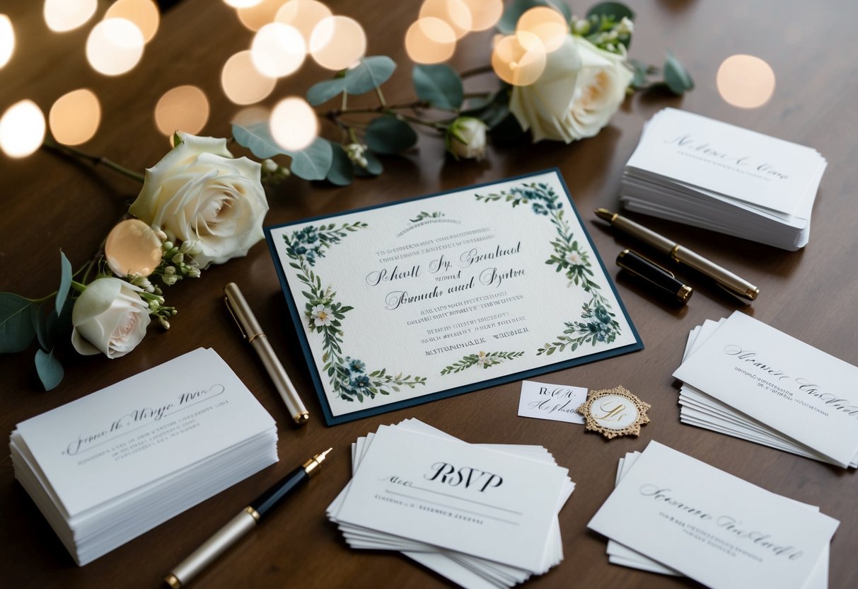 A beautifully decorated wedding invitation sits on a table, surrounded by elegant calligraphy pens and a stack of blank RSVP cards
